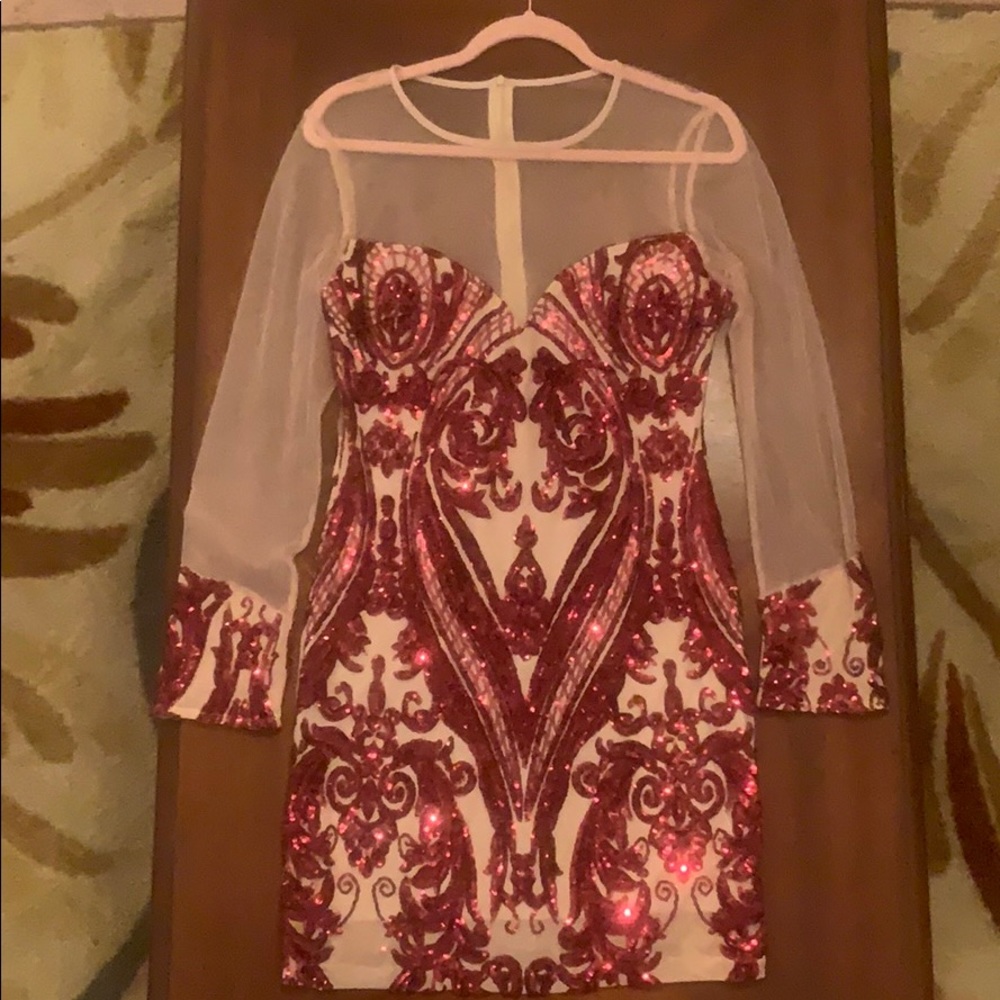 Burgundy Nude Damask Sequin Homecoming Mini Dress